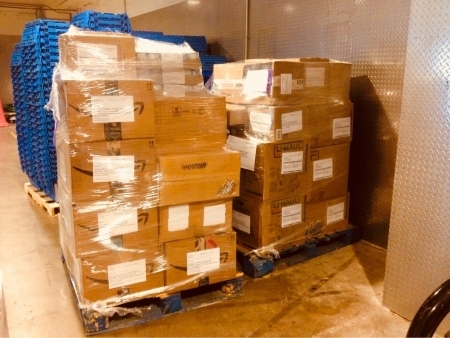 Photo: Pallets of backpacks and supplies ready for shipping at Lurie Children's Hospital of Chicago