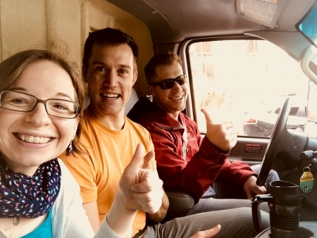 Photo: Claire, Erik, and Brad in the U-haul to the airport